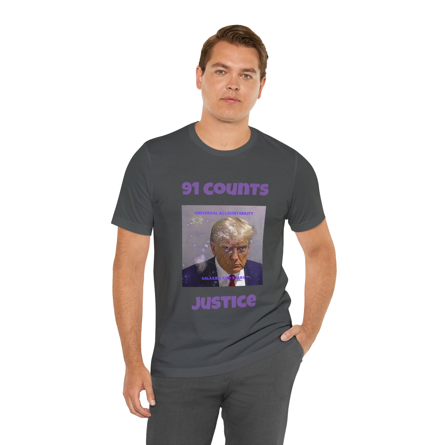 Donald J Trump Cosmic Justice T-Shirt: 91 Counts Charged - Universal Accountability Tee
